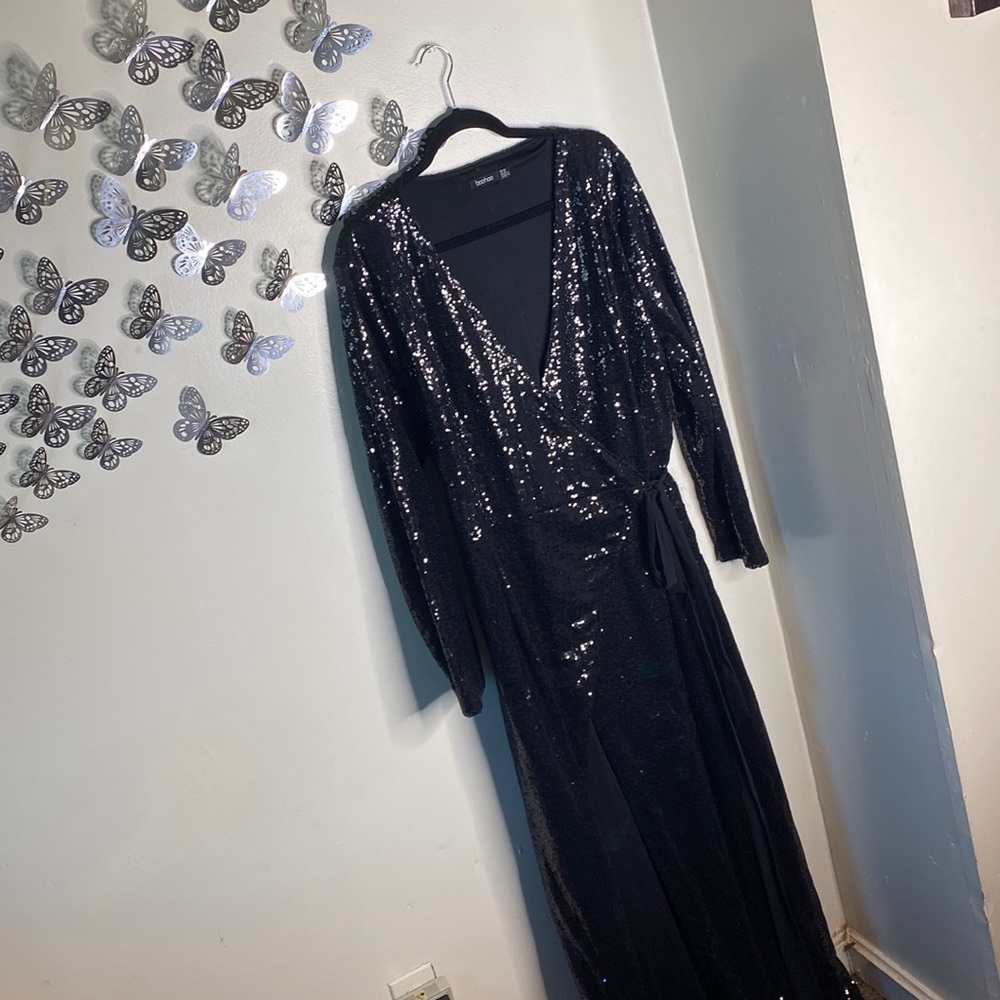 Plus Sequin Wrap Floor Sweeping Maxi Dress